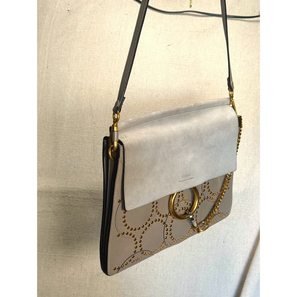 Chloe Faye Studded‎ Suede Leather Shoulder Bag Taupe Grey Gold Hardware Rare COA